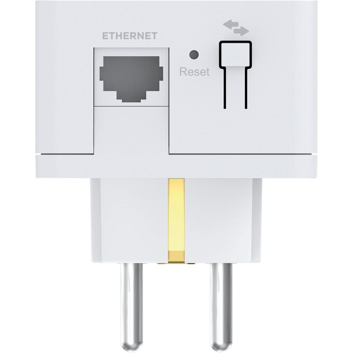Ein weißer Netzadapter mit Ethernet-Anschluss, Reset-Taste und zwei Stiften.