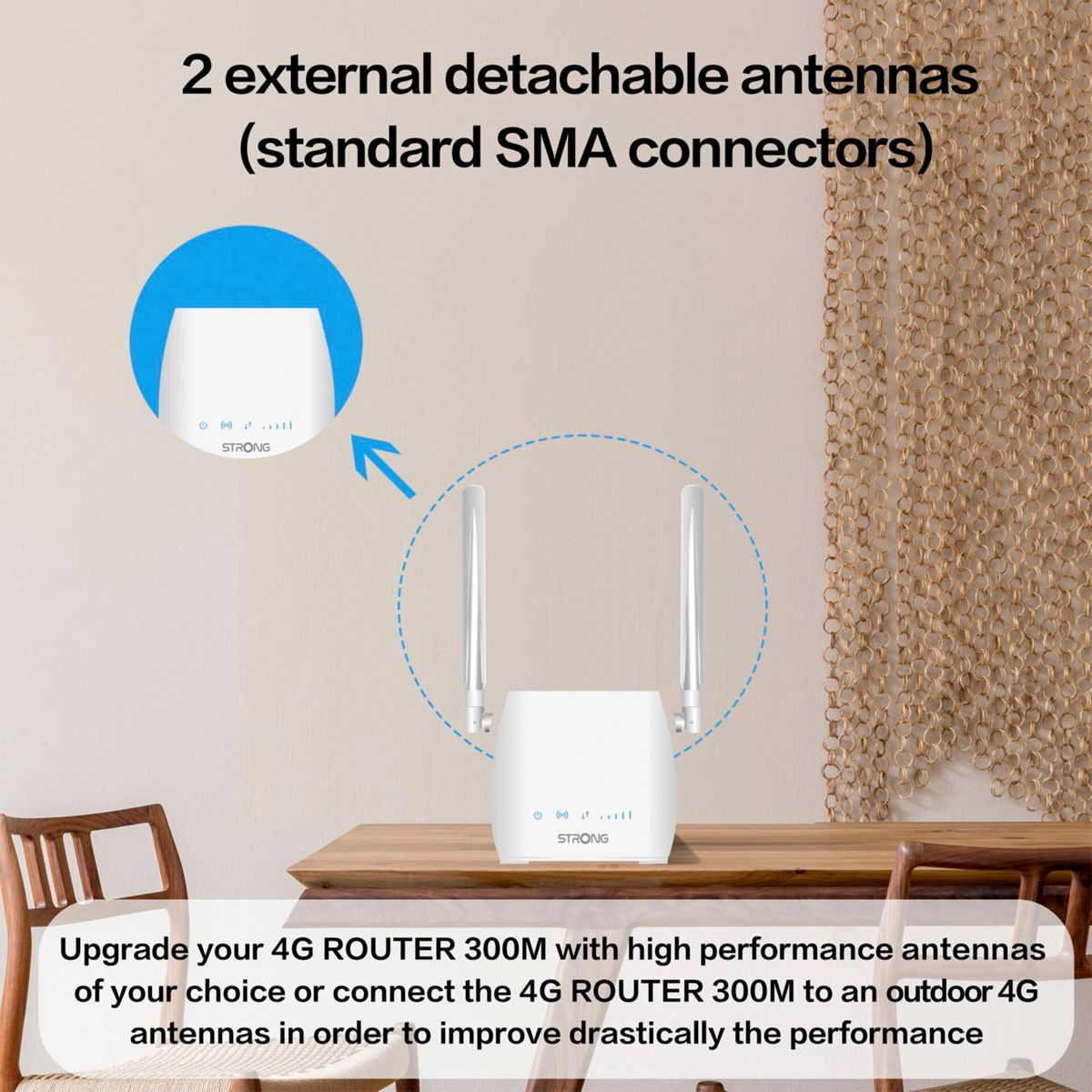 Un router blanco con dos antenas, mostrado con texto sobre la mejora del rendimiento.