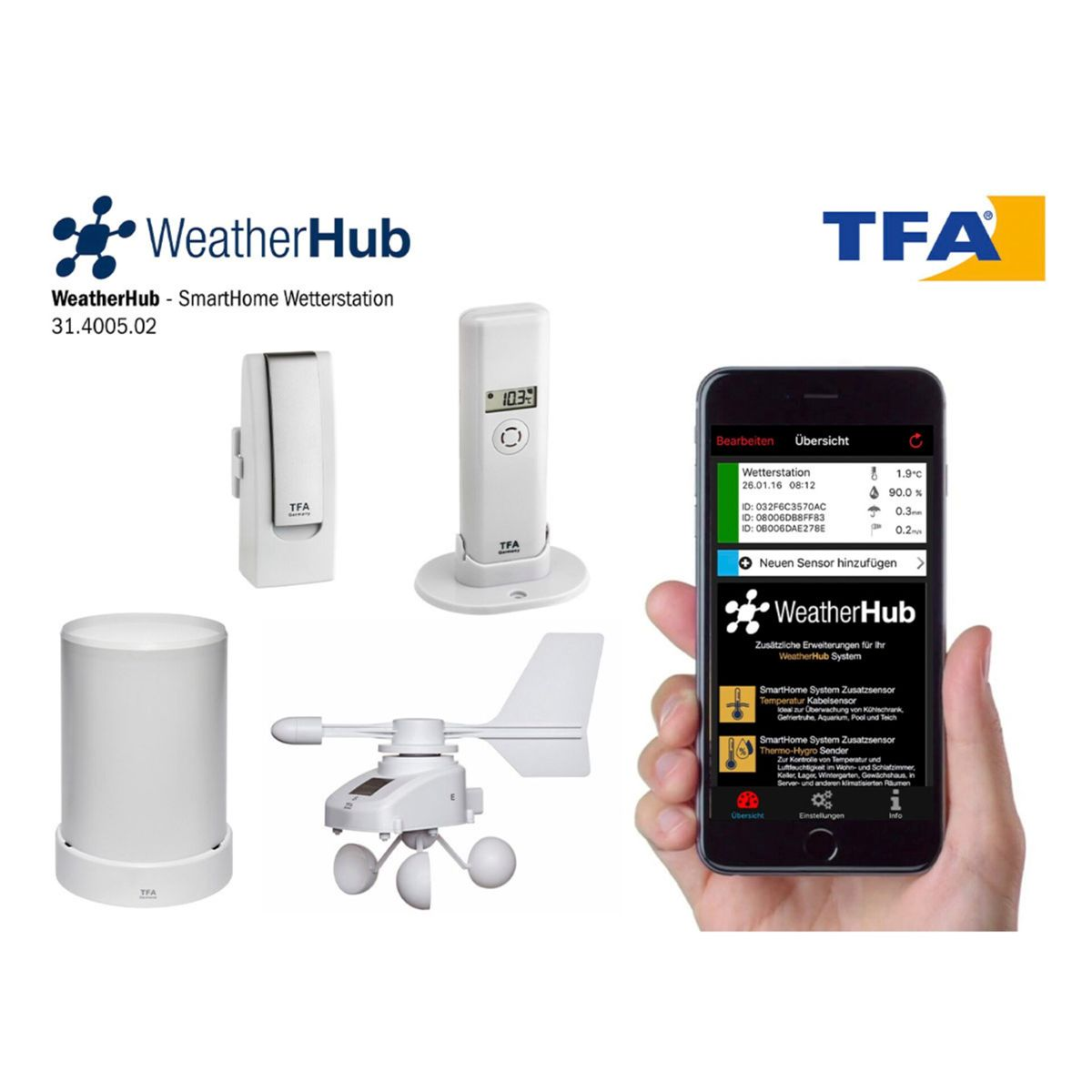 Une installation de station météo avec plusieurs composants, dont un téléphone affichant l'interface de l'application.