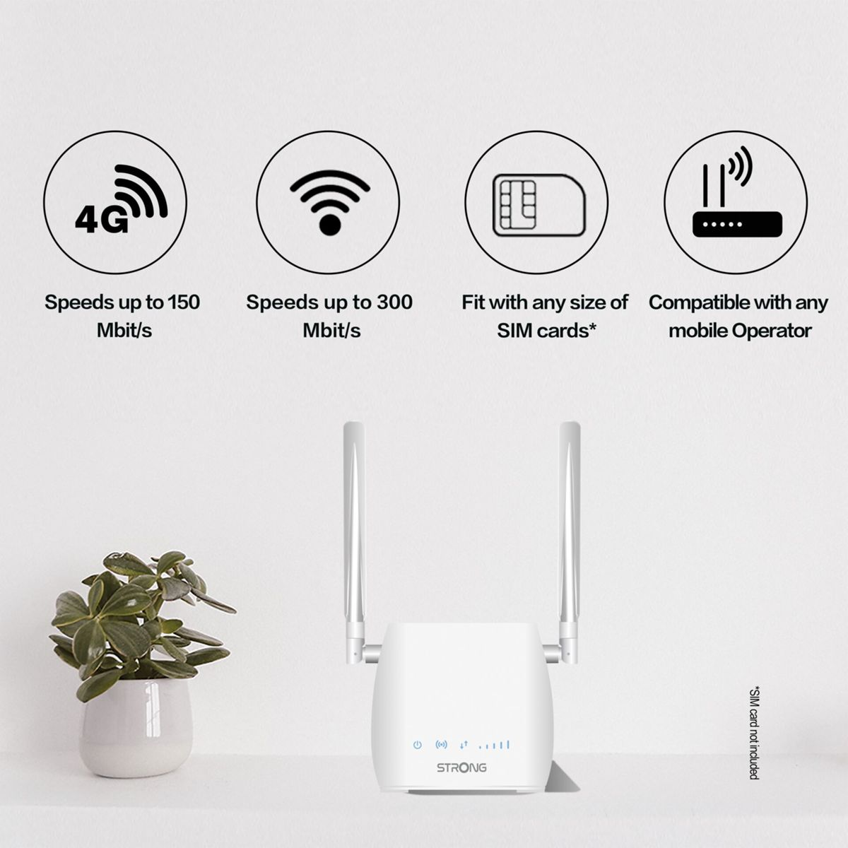Un router blanco con dos antenas, con iconos de 4G, Wi-Fi, tarjeta SIM y operador móvil.