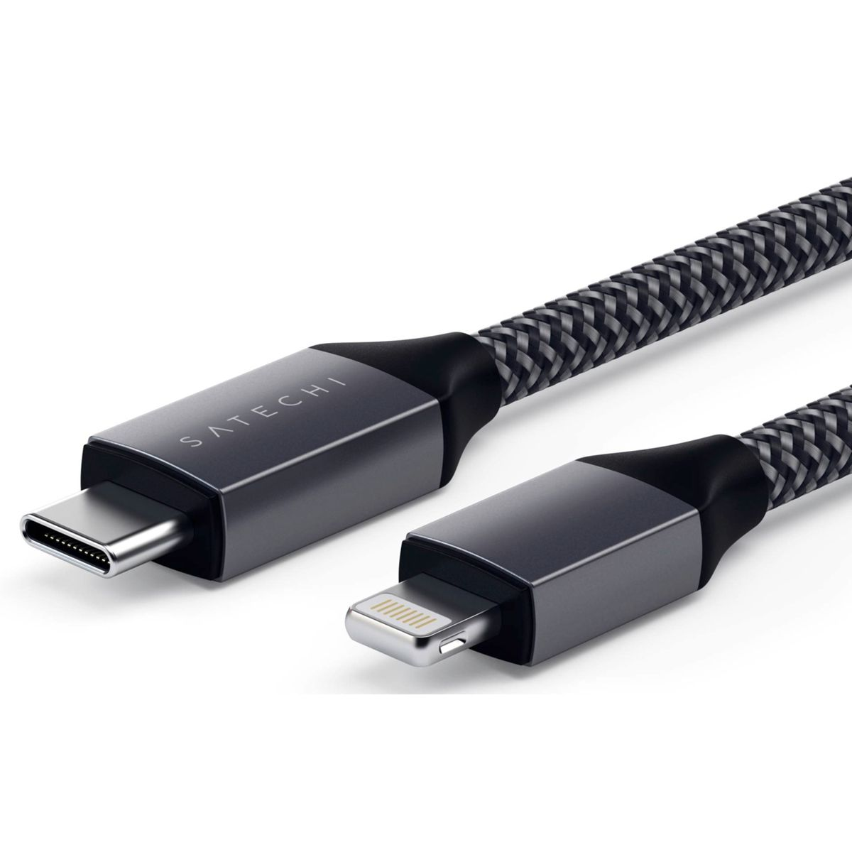 Ein USB-C-auf-Lightning-Kabel mit geflochtenem Design in Schwarz und Grau, auf weißem Hintergrund.