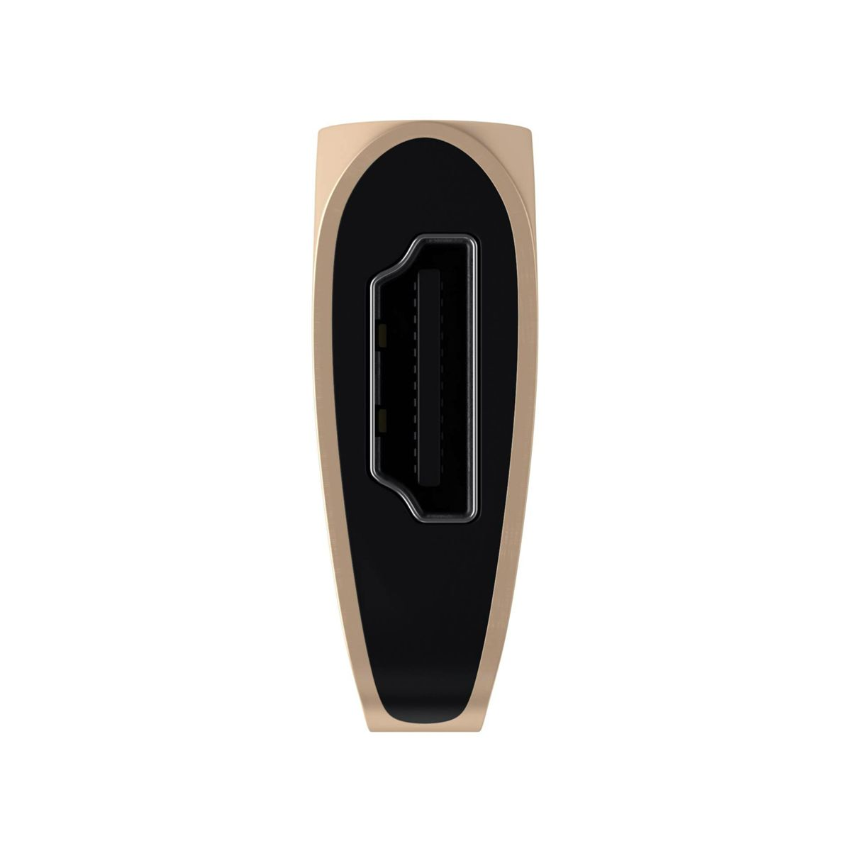 Un adattatore HDMI dorato con una porta HDMI nera, mostrato su sfondo bianco.