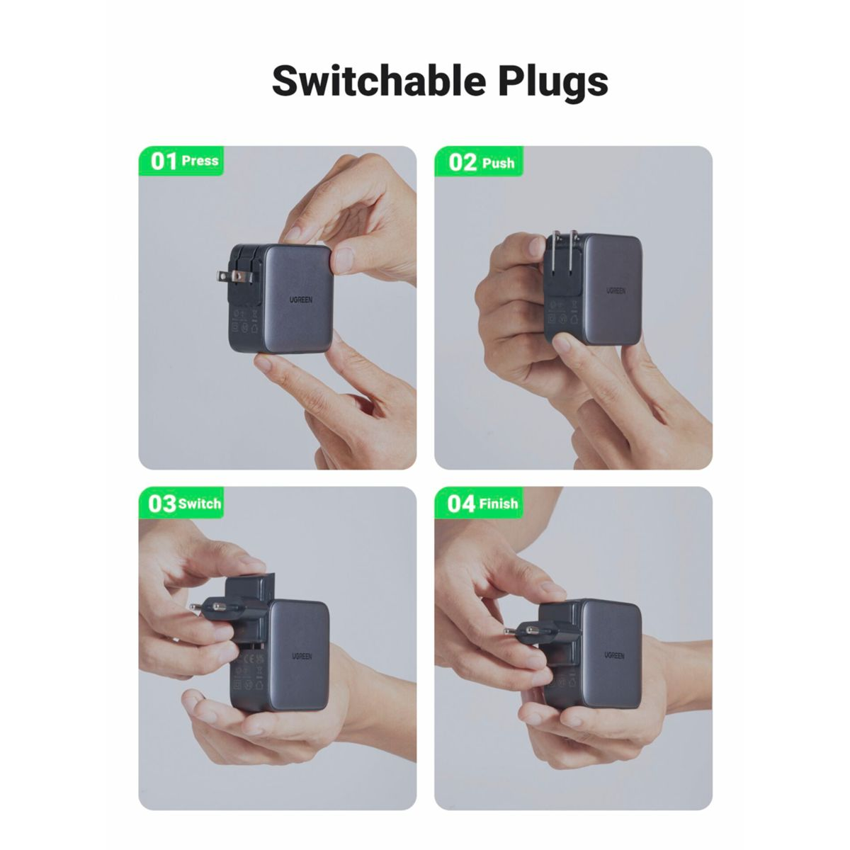 Four images show how to change a plug on a charger: press, push, switch, and finish. The charger is grey.