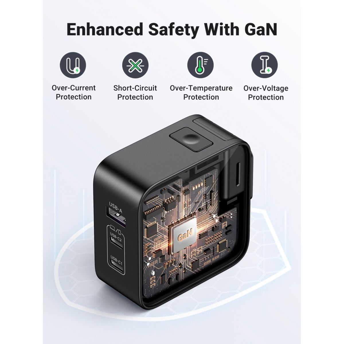 A black charger with four icons: over-current protection, short-circuit, over-temperature, and over-voltage protection.