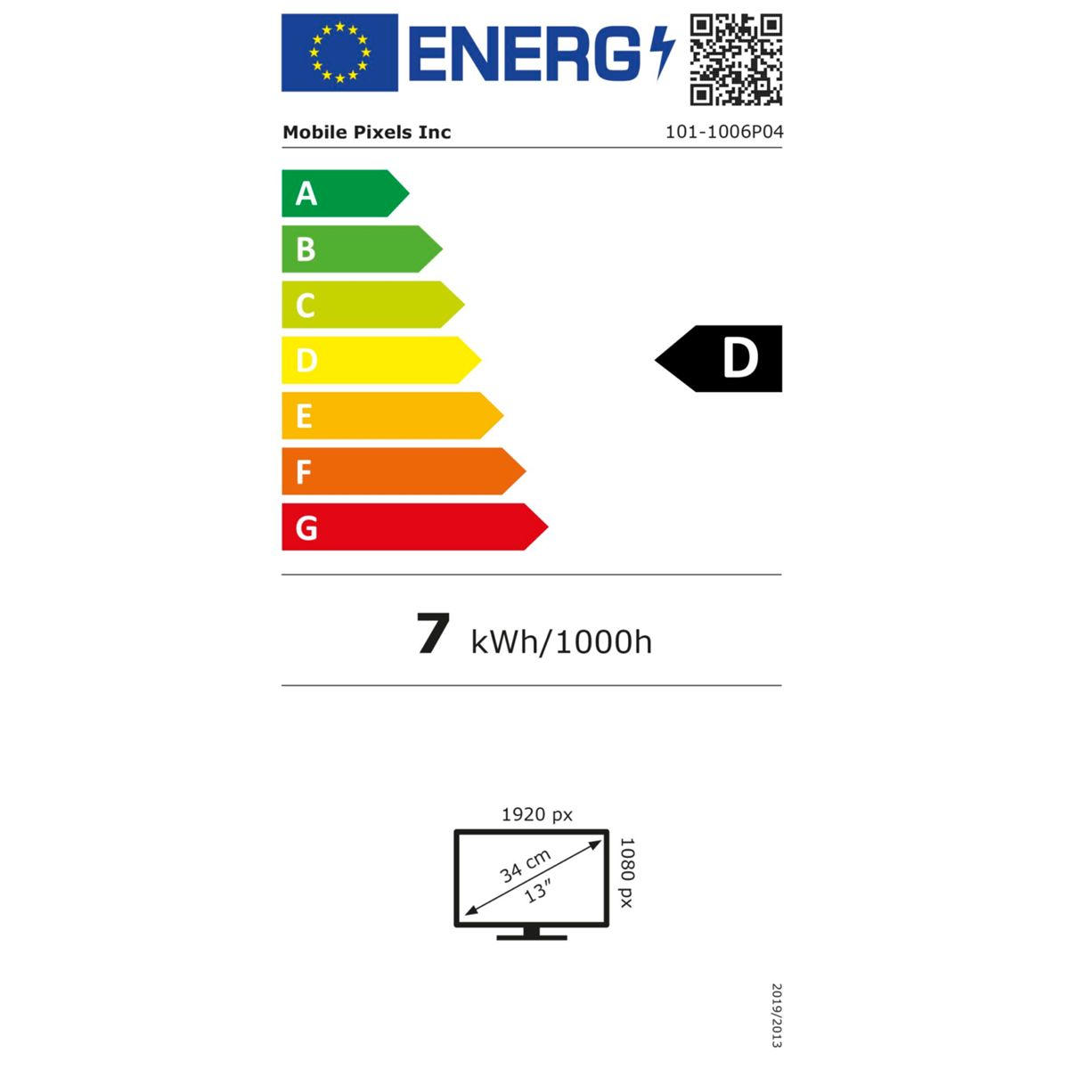 Energielabel für einen Monitor. Es zeigt die Energieeffizienzklasse D und 7 kWh/1000h an. Der Monitor ist schwarz.