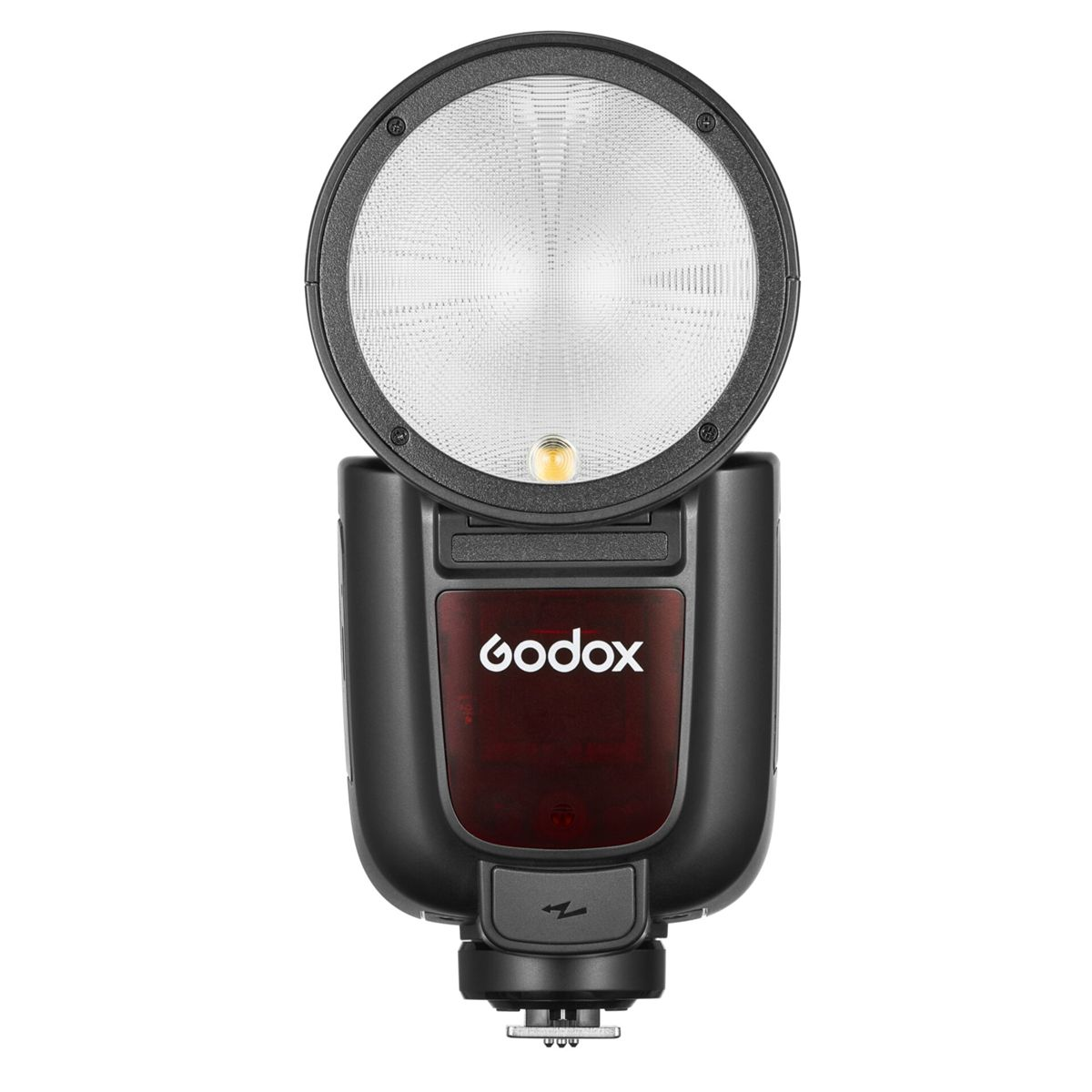 Czarna lampa błyskowa z jasnym światłem i napisem 'godox'.