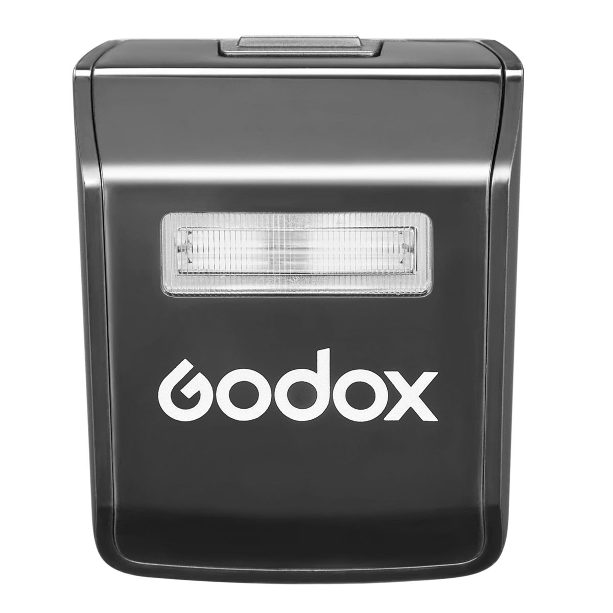 Czarna lampa błyskowa do aparatu z napisem 'godox' z przodu. Ma błyszczącą powierzchnię i jest na białym tle.