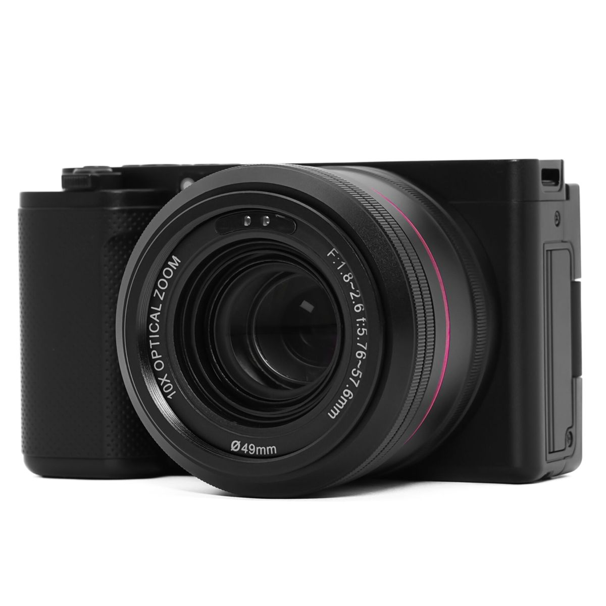 Czarny aparat z dużym obiektywem z napisem 10x Optical Zoom, z różowym pierścieniem.