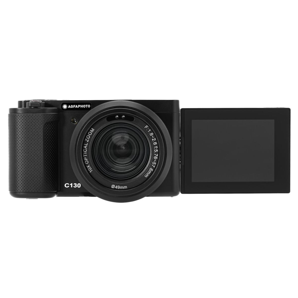 Czarny aparat z obiektywem i czarnym ekranem.