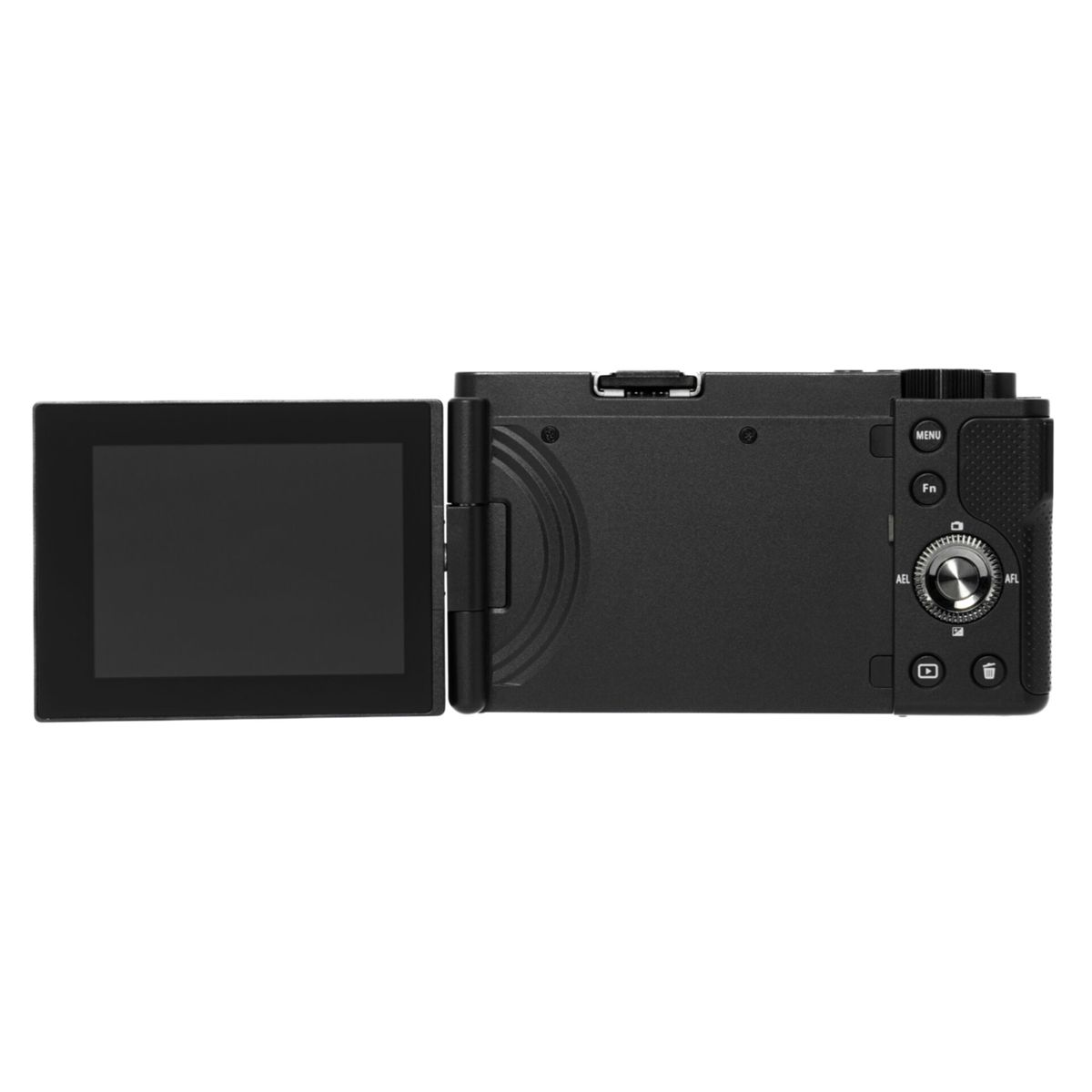 Czarny aparat cyfrowy z rozkładanym ekranem. Ekran jest otwarty. Posiada menu i inne przyciski sterujące.