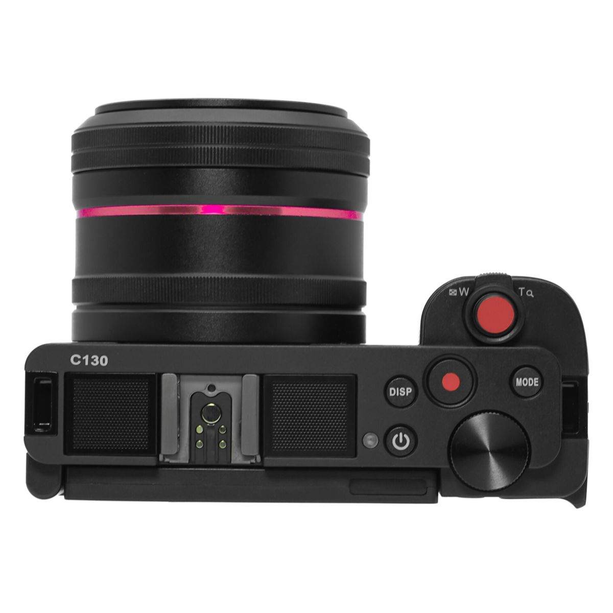 Czarny aparat z obiektywem i różnymi przyciskami. Obiektyw jest czarny z różowym pierścieniem. Aparat stoi na białej powierzchni.
