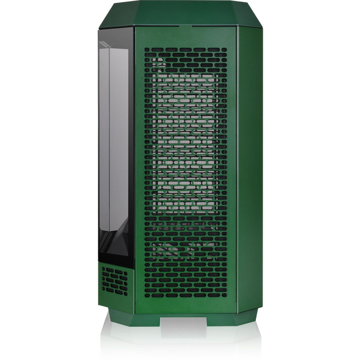 Case per computer verde con un pannello laterale in vetro. Prese d'aria nere e rete sul lato.