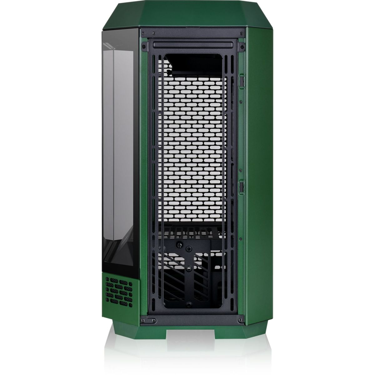 Un case per computer verde con un pannello laterale in vetro. La parte anteriore ha una rete nera ed è su una superficie bianca.