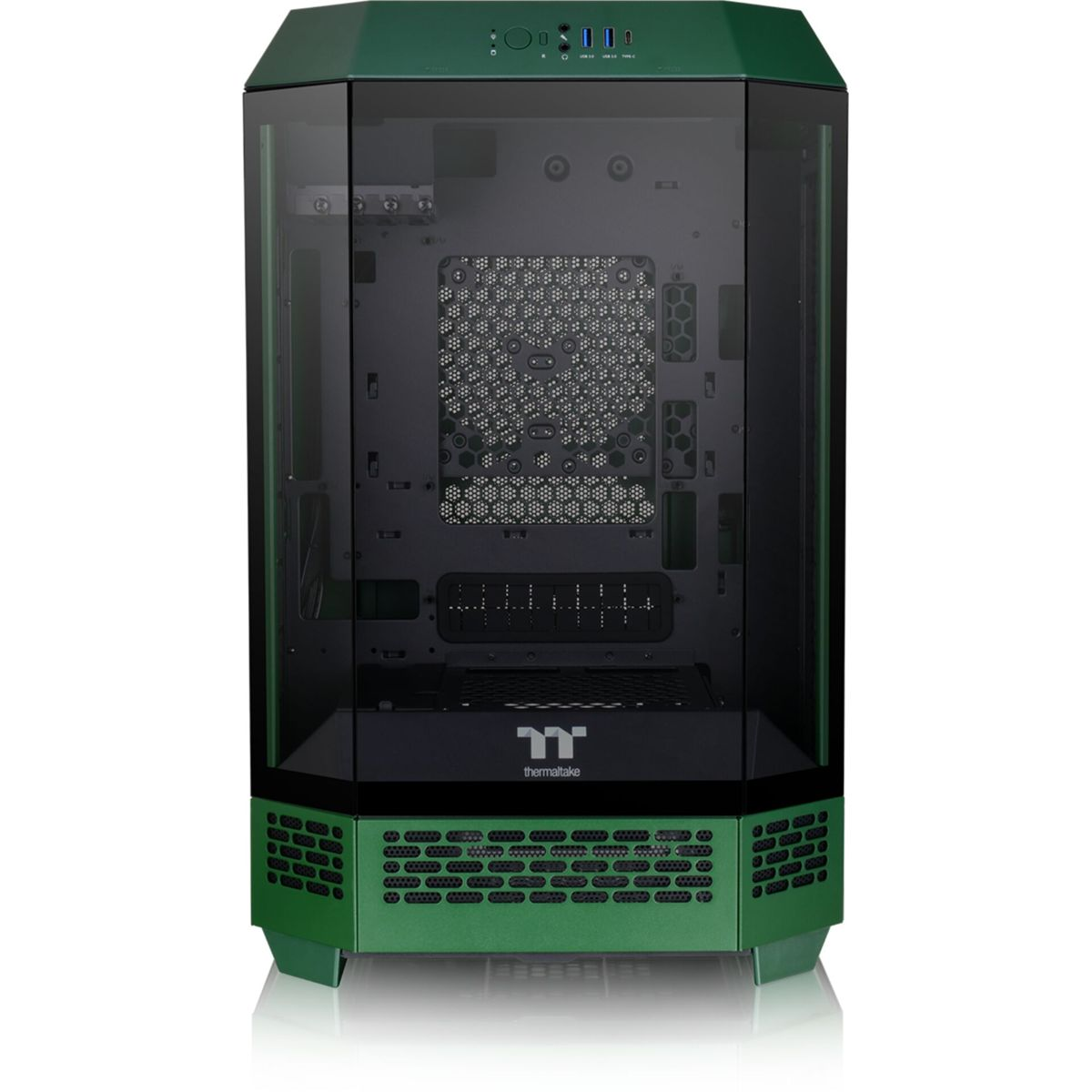 Un case per computer verde con pannelli frontali e laterali in vetro. Lo sfondo è bianco e il case riflette la luce.