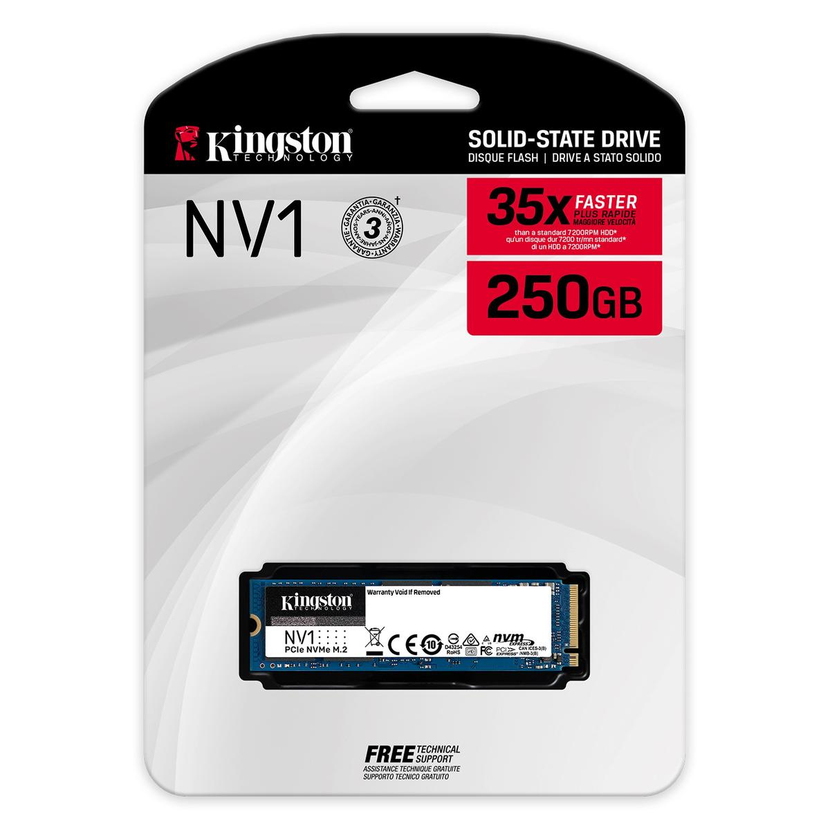 Un paquete de disco de estado sólido Kingston NV1 de 250 GB, que muestra la unidad y la información del producto. El paquete es blanco.
