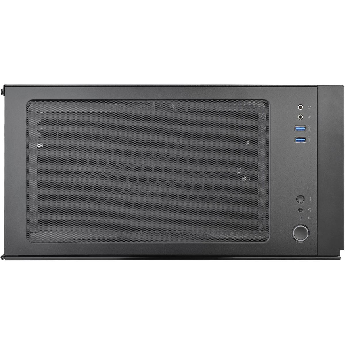 Ein schwarzes Computergehäuse mit einer Gitterfront. Strom- und USB-Anschlüsse sind auf der Vorderseite sichtbar.
