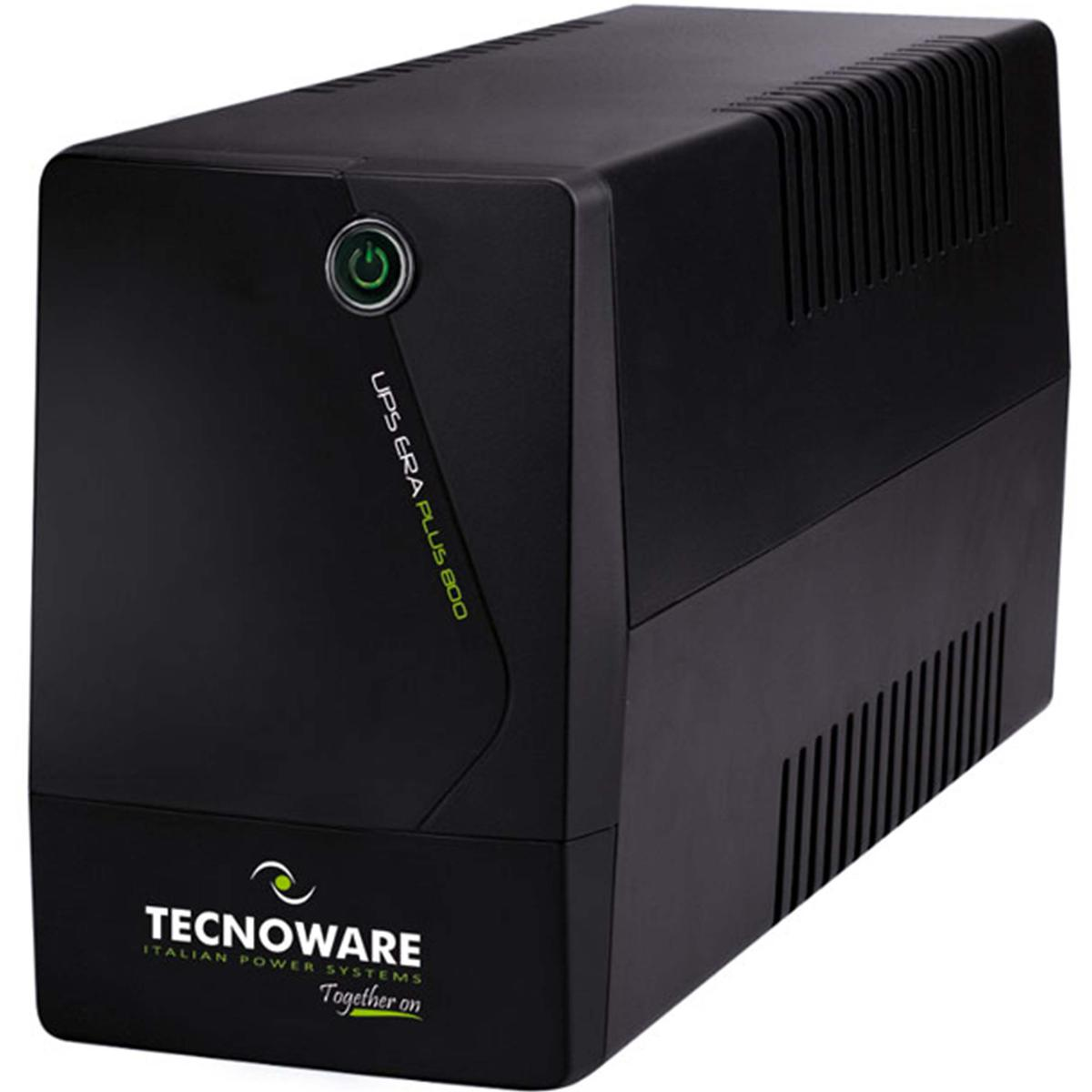 UPS nero ERA PLUS 800. Pulsante di accensione e testo verdi. Logo Tecnoware sul davanti.