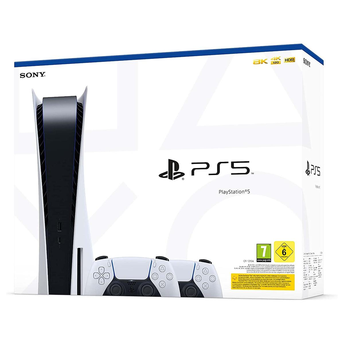 Ein PlayStation 5 Konsolen- und Controller-Box-Set, mit der Konsole und zwei weißen Controllern.