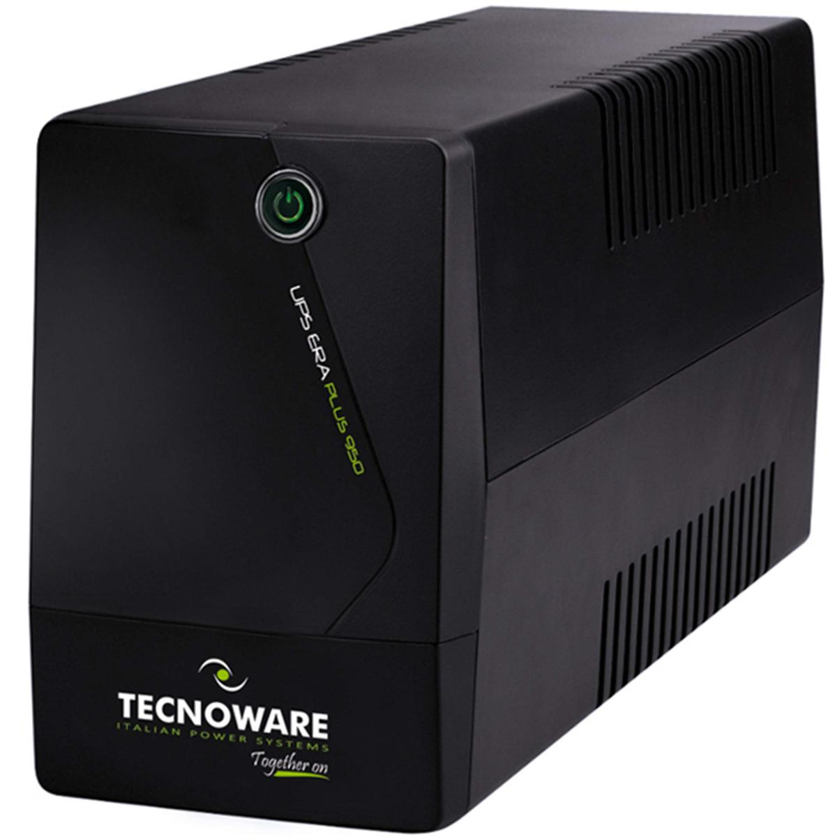 UPS nero ERA PLUS 950. Pulsante di accensione e testo verdi. Logo Tecnoware sul davanti.