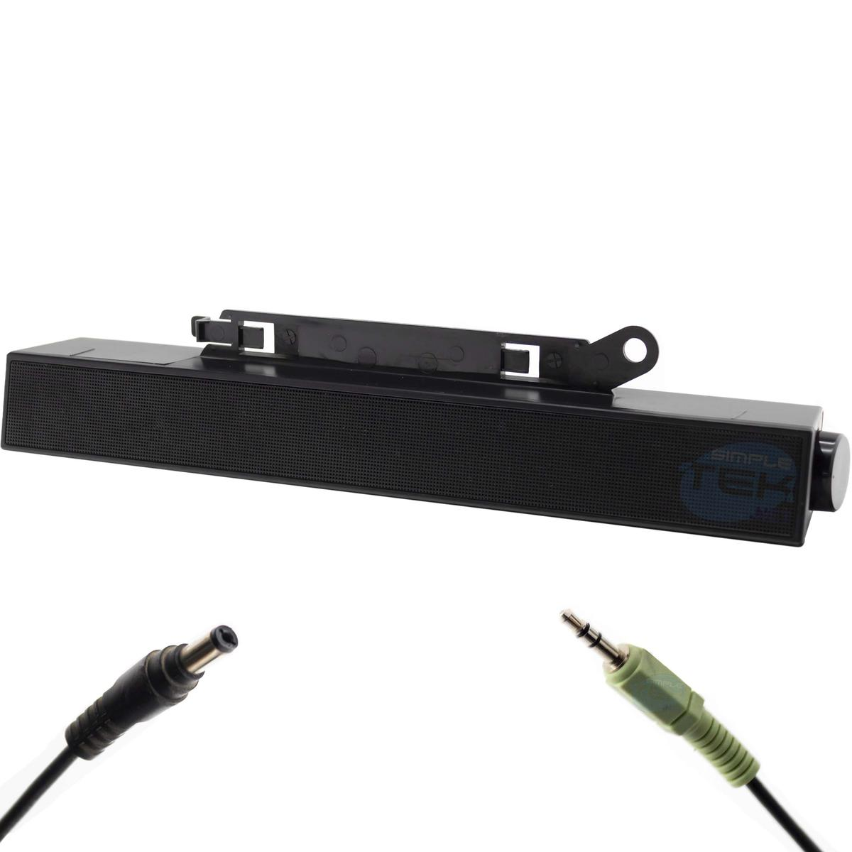 Una soundbar nera con due cavi e connettori, posta su uno sfondo bianco.