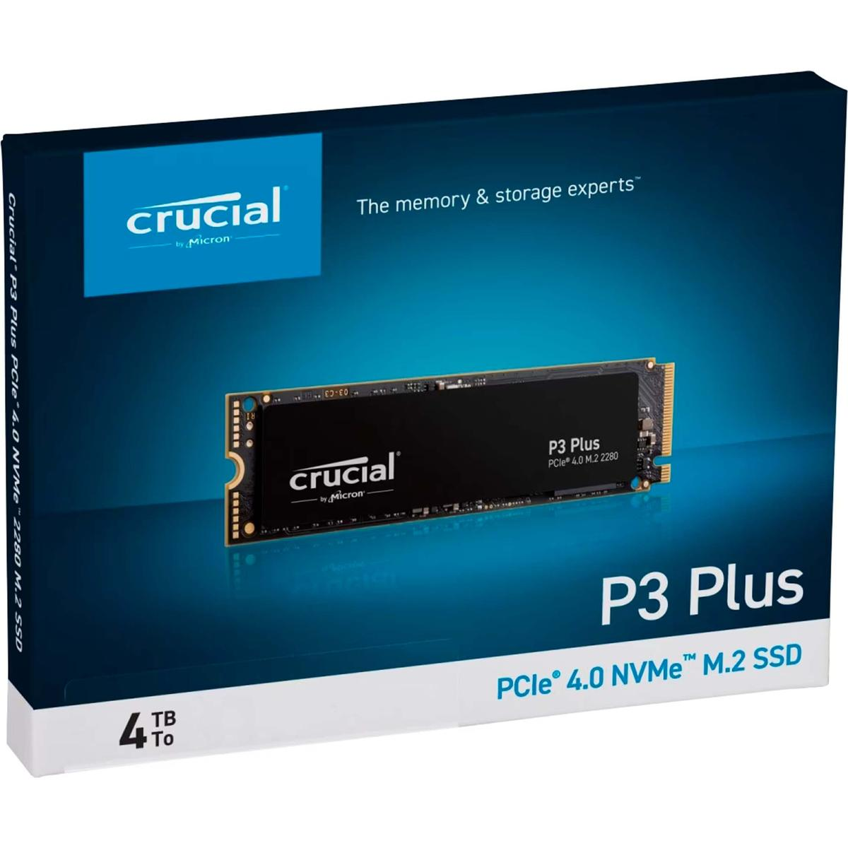 Pudełko SSD Crucial P3 Plus z dyskiem w środku, niebiesko-białe pudełko z logo Crucial.
