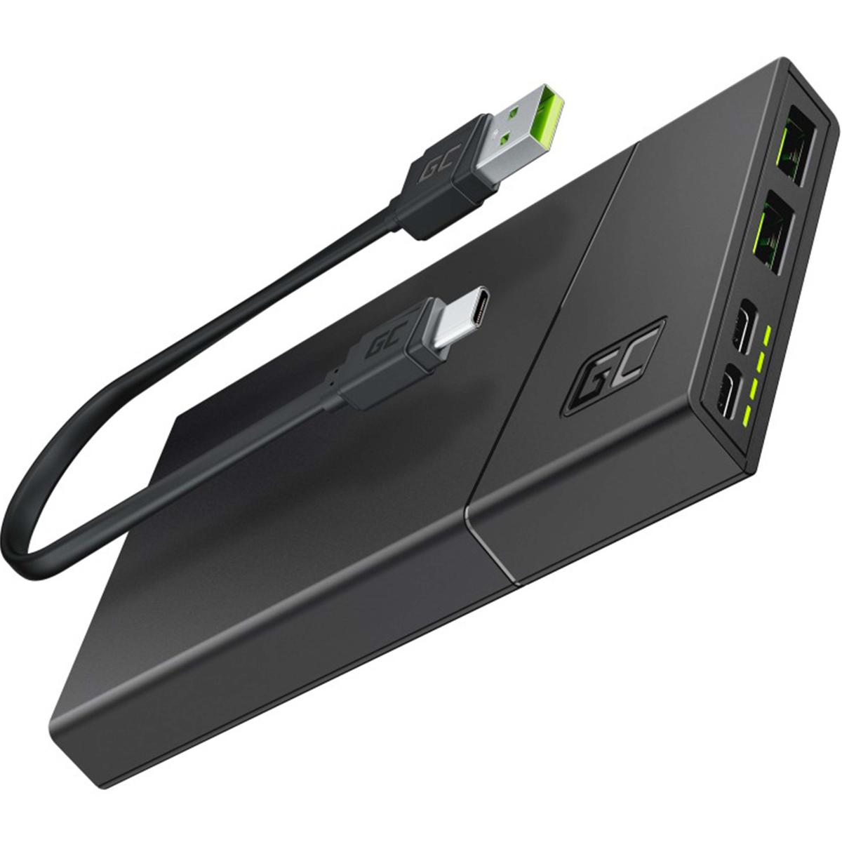 Eine schwarze Powerbank mit USB-C- und USB-A-Kabel. Mit GC-Logo und grünen Akzenten.