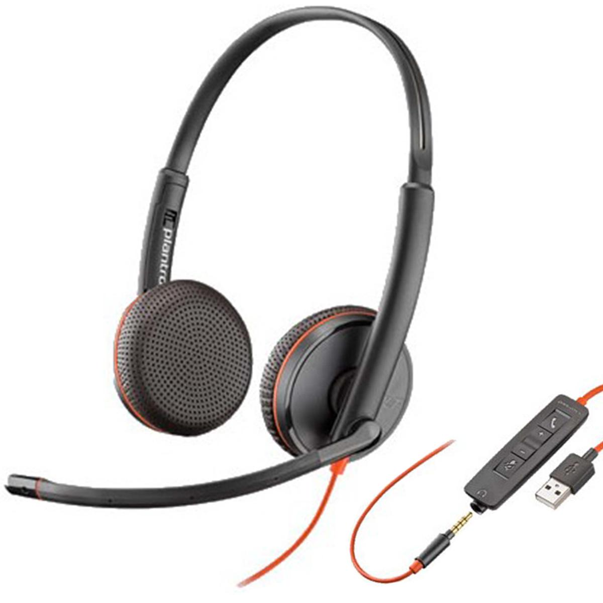 Un auricolare Plantronics nero con microfono e telecomando in linea con connessione USB.