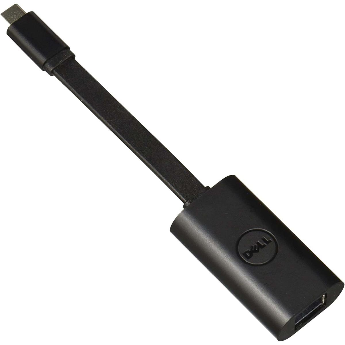 Schwarzer Dell USB-C-zu-USB-A-Adapter. Er hat einen USB-C-Anschluss und einen USB-A-Anschluss.