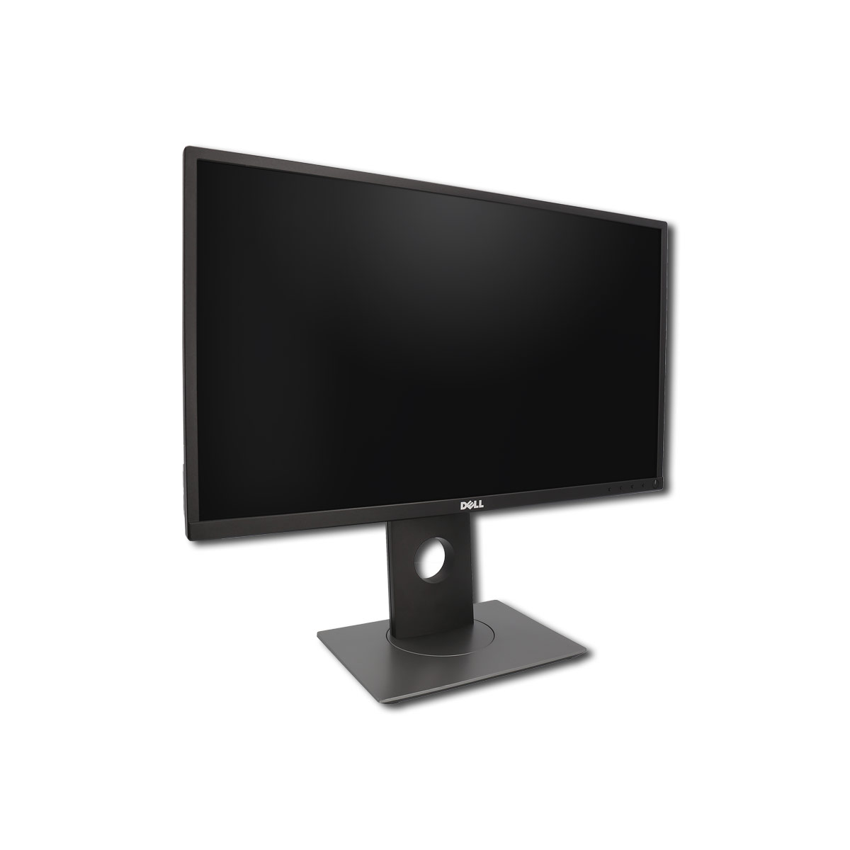 Ein schwarzer Dell-Monitor mit schwarzem Ständer. Der Bildschirm ist leer und leicht nach links geneigt.