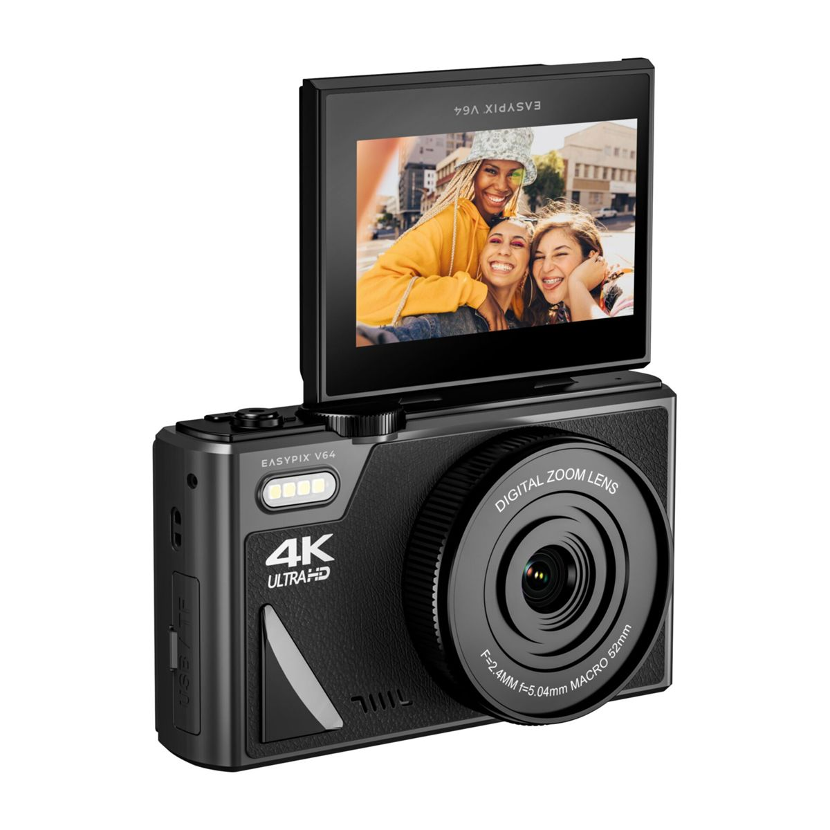 A black digital camera with a flip screen displaying three people. It is a close-up shot.