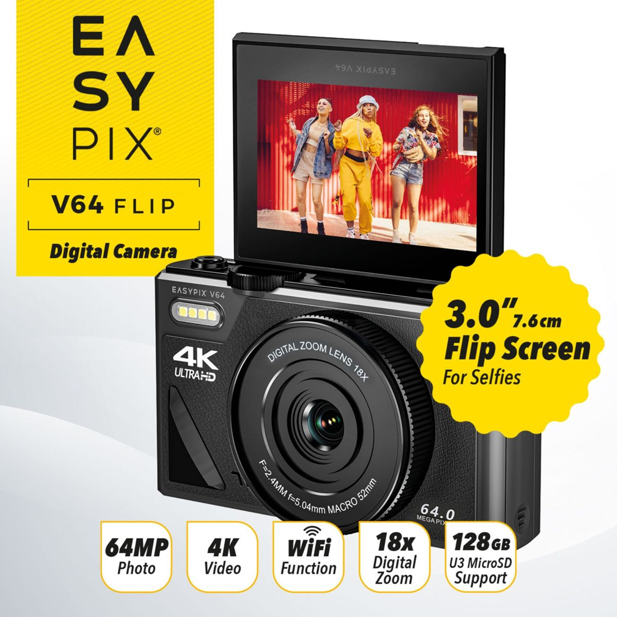 A black digital camera with a flip screen displaying three people. It has various feature labels.