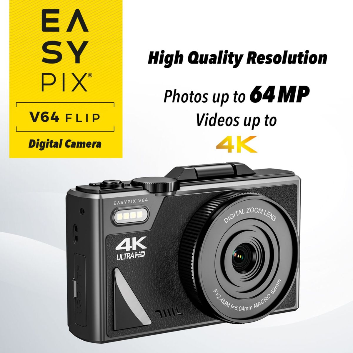 A black digital camera with the EASYPIX V64 Flip label, with text about high-quality photos and videos.