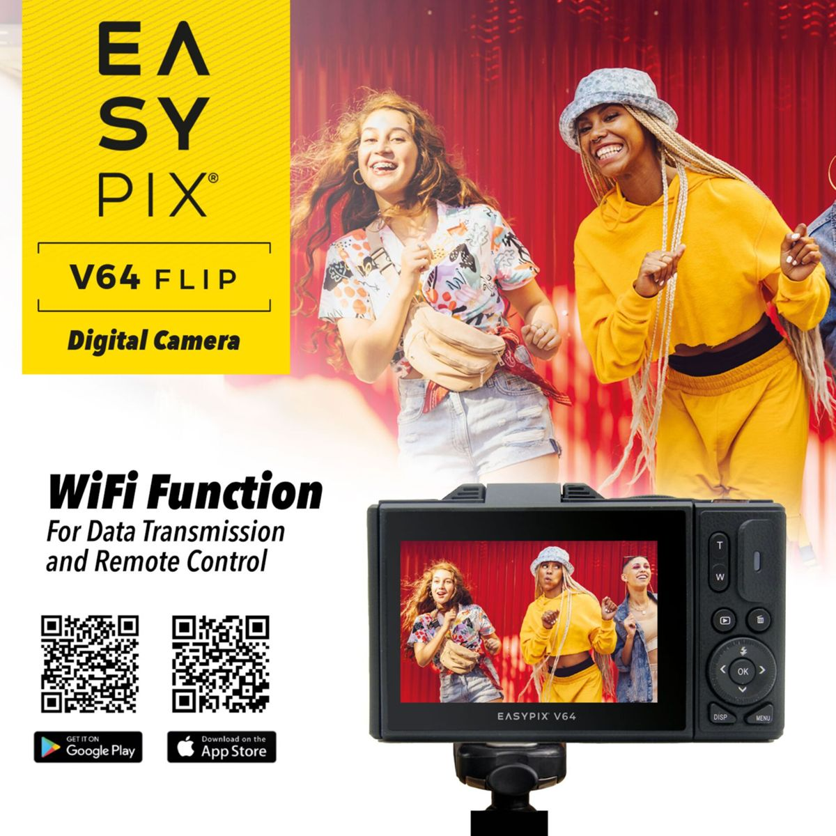 A digital camera and two women in a yellow and flowered top are in the background. QR codes are shown.