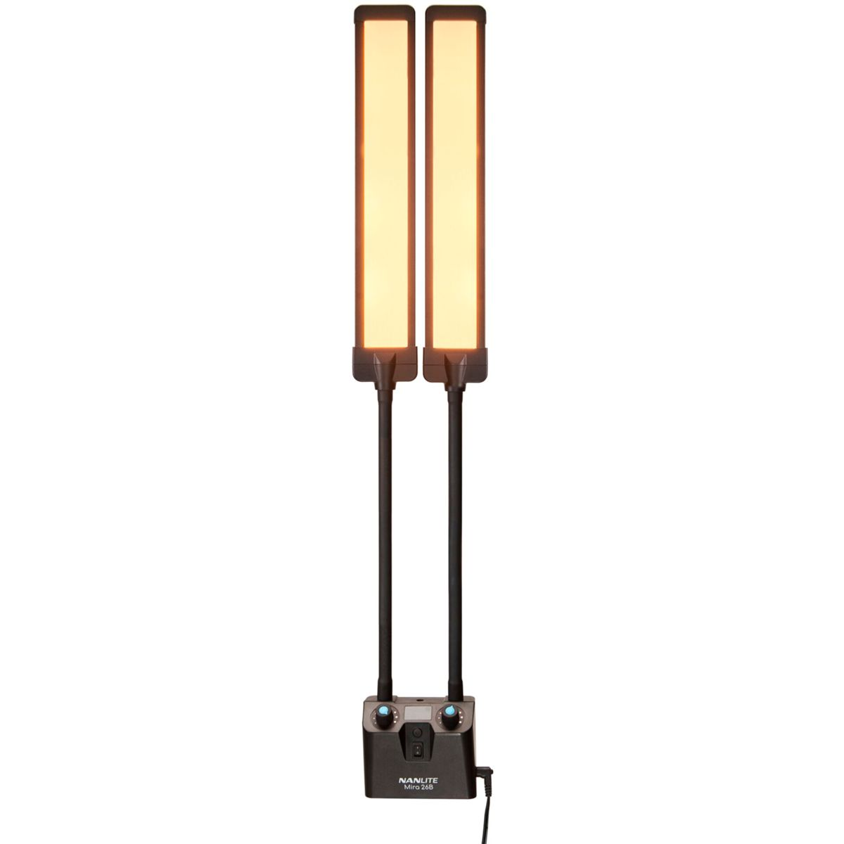 Zwei vertikale LED-Leuchten auf Ständern mit einem Bedienfeld unten.