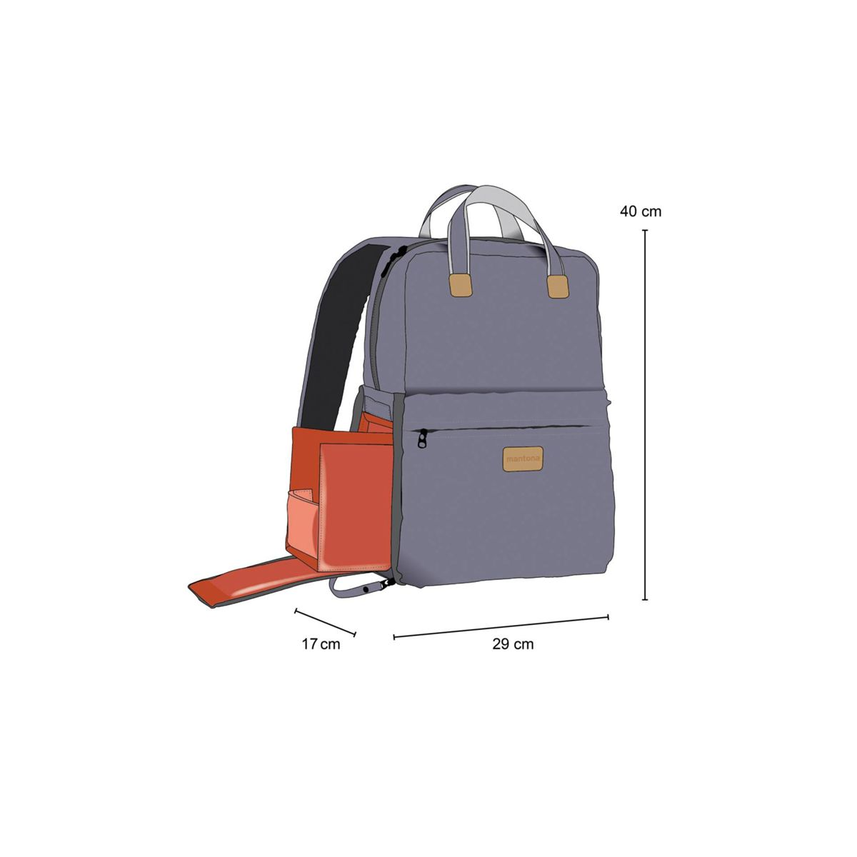 Grauer Rucksack mit offener orangefarbener Seitentasche. Abmessungen sind angegeben.