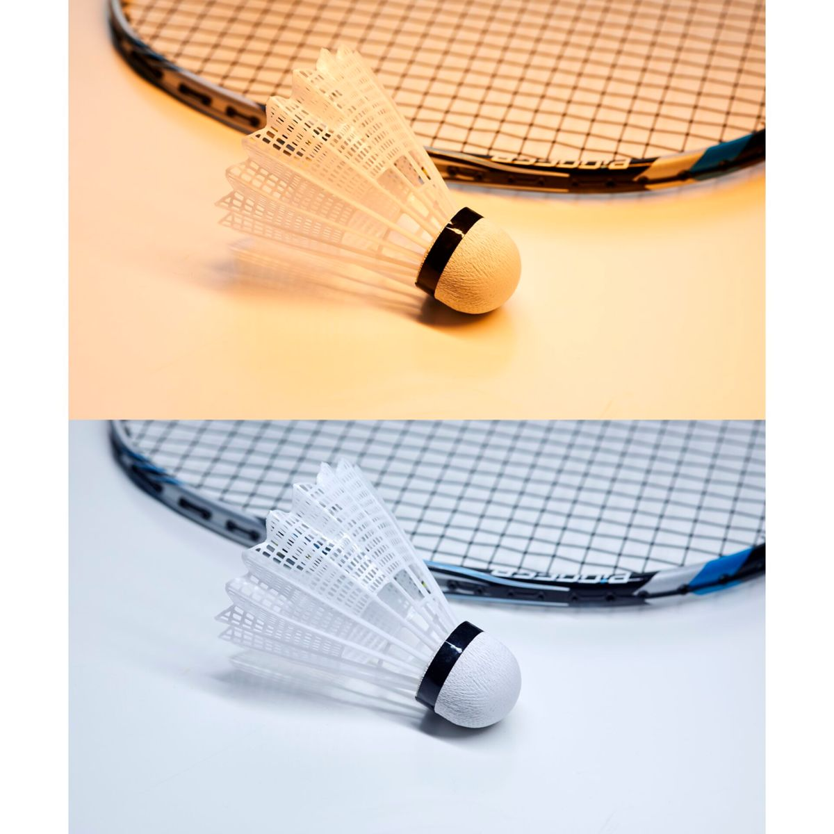 Ein Federball mit weißem Federrock und Korkbasis, in der Nähe eines Badmintonschlägers.