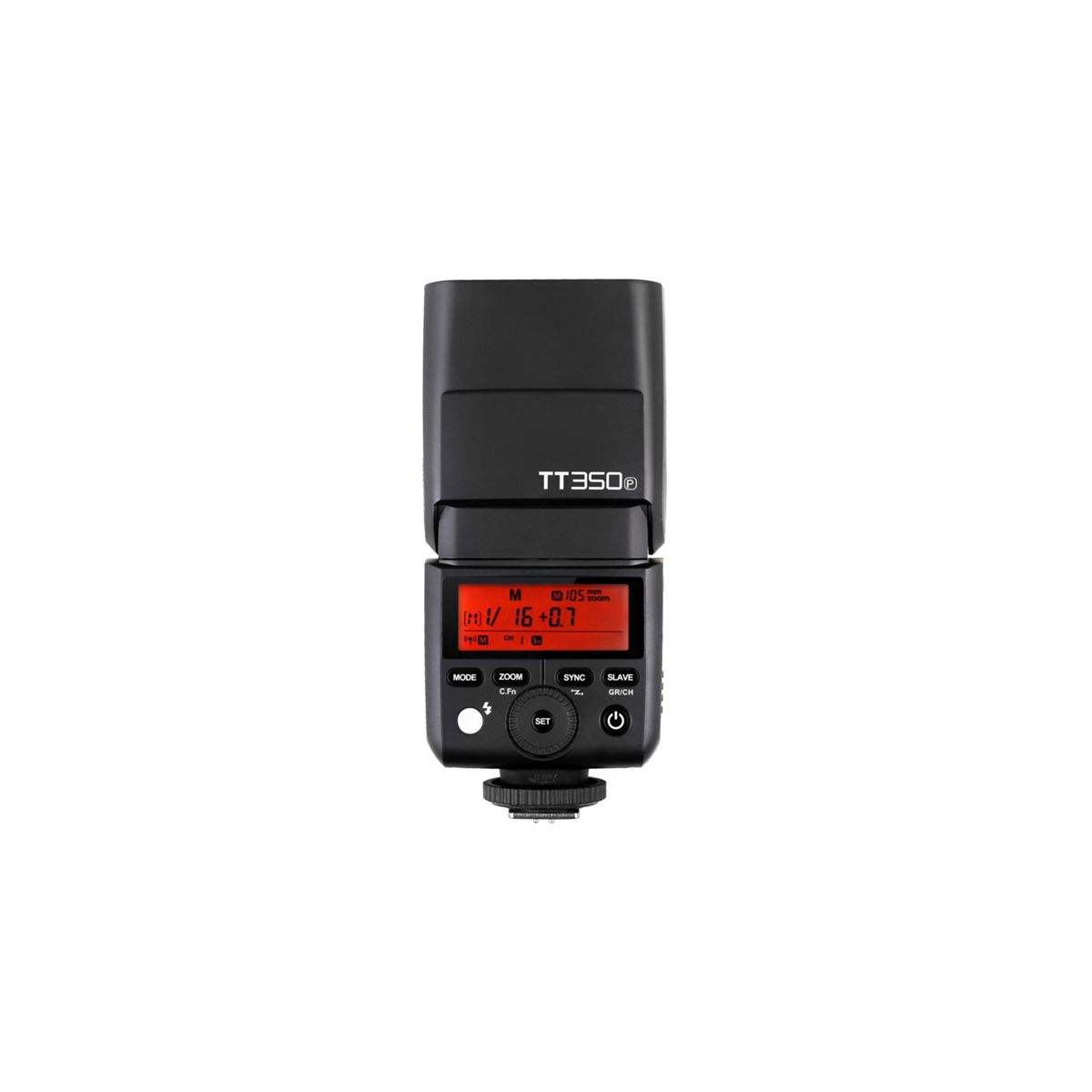Un flash a slitta nero con schermo e pulsanti di controllo sul retro.
