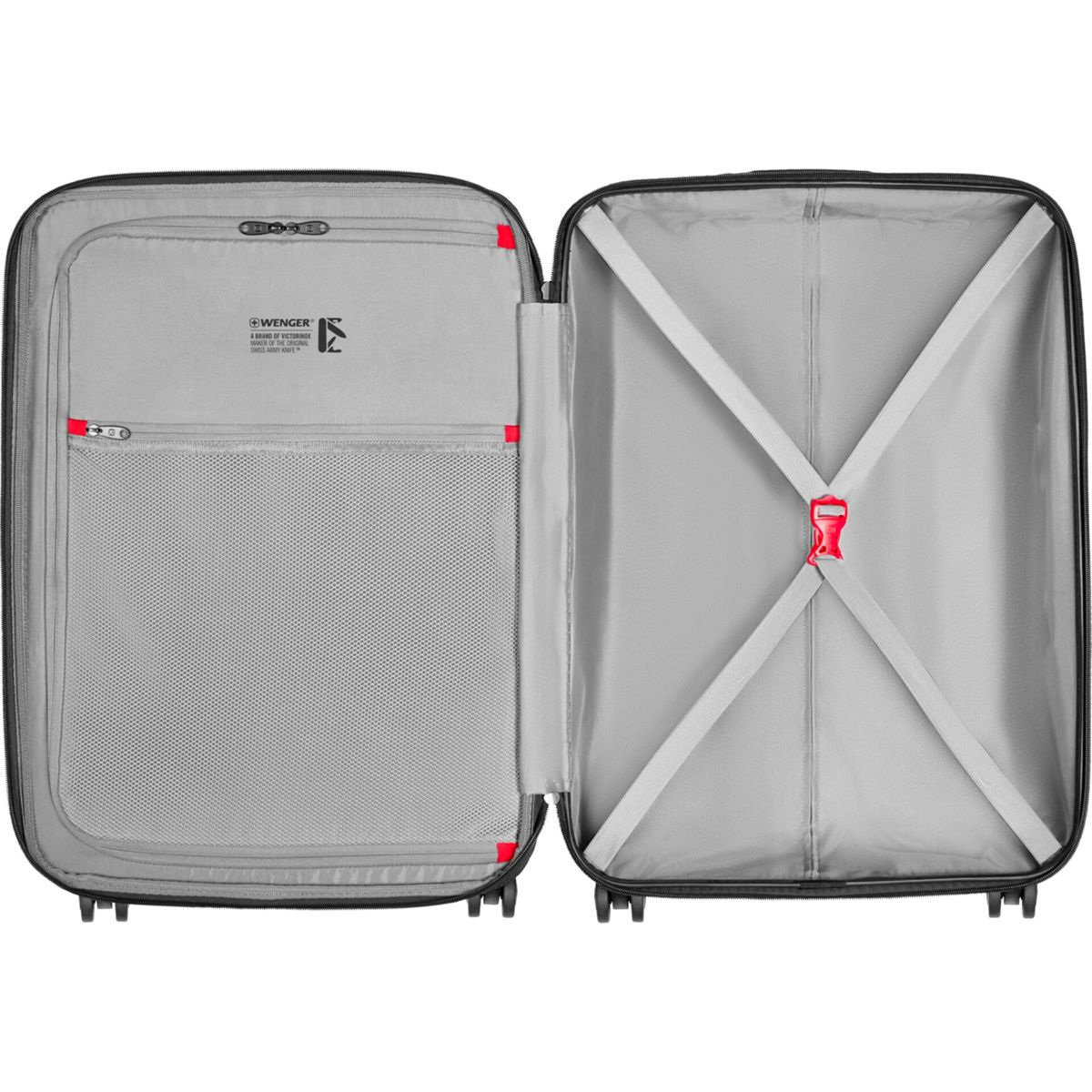 Offener Koffer mit grauem Innenraum, Netztasche und roten Gurten.