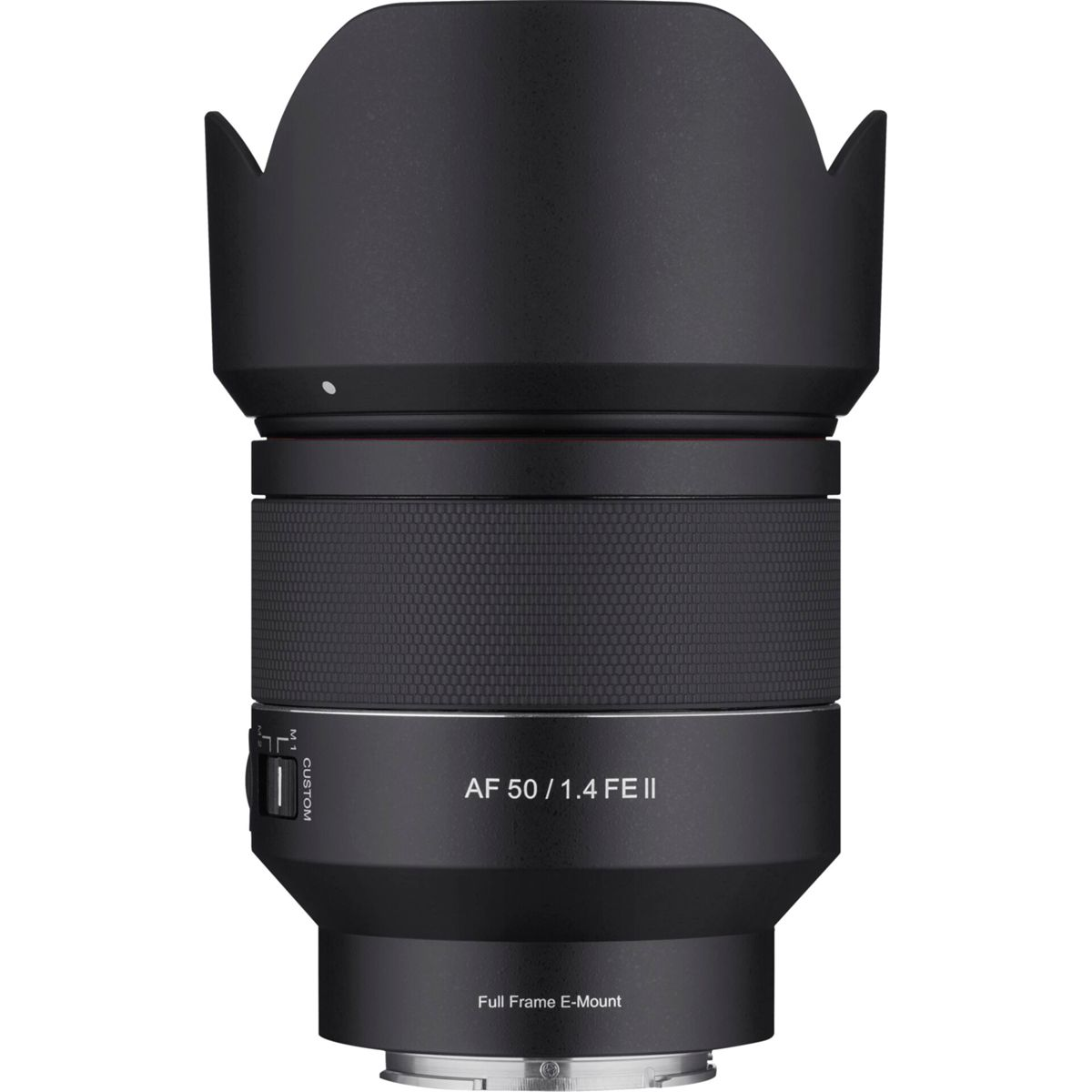 Schwarzes Kameraobjektiv mit aufgesetzter Streulichtblende. Text lautet 'AF 50/1.4 FE II'.
