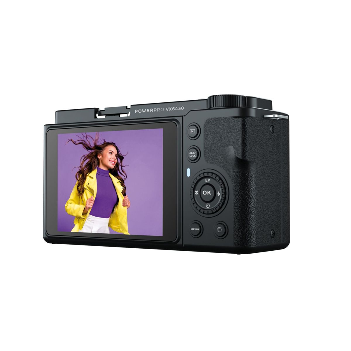 Fotocamera nera con donna sullo schermo, con giacca gialla. Il testo recita 'PowerPro VX6430'.