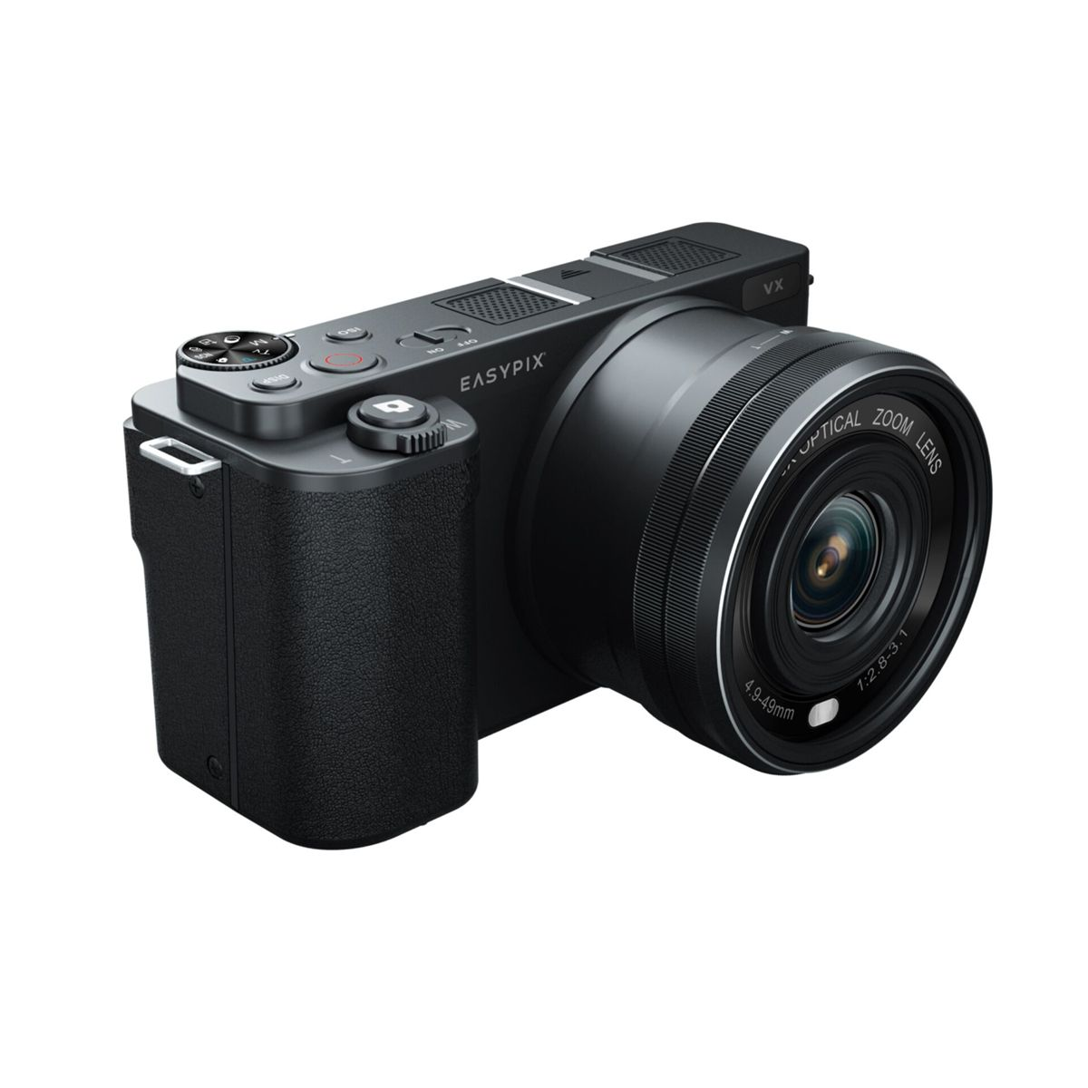 Fotocamera nera con obiettivo collegato. Il testo recita 'EASYPIX OPTICAL ZOOM LENS'.