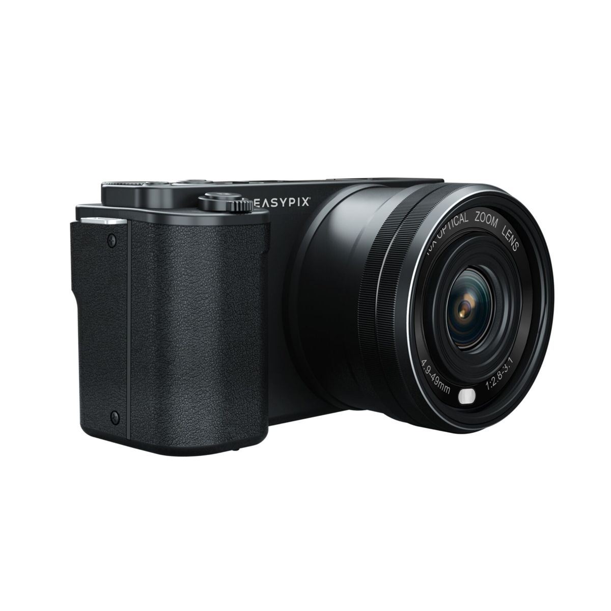 Una fotocamera nera con un obiettivo. Il marchio EASYPIX è visibile. Sfondo bianco.