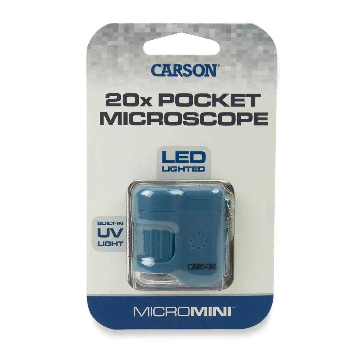 Blaues Taschenmikroskop in einer Verpackung mit dem Text '20x POCKET MICROSCOPE'.