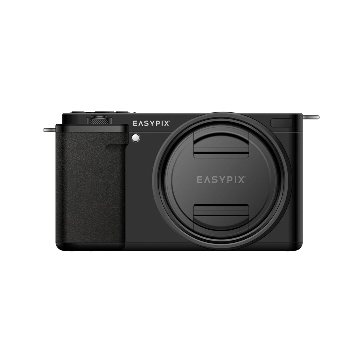 Fotocamera nera, obiettivo coperto. Il testo recita 'EASYPIX'.
