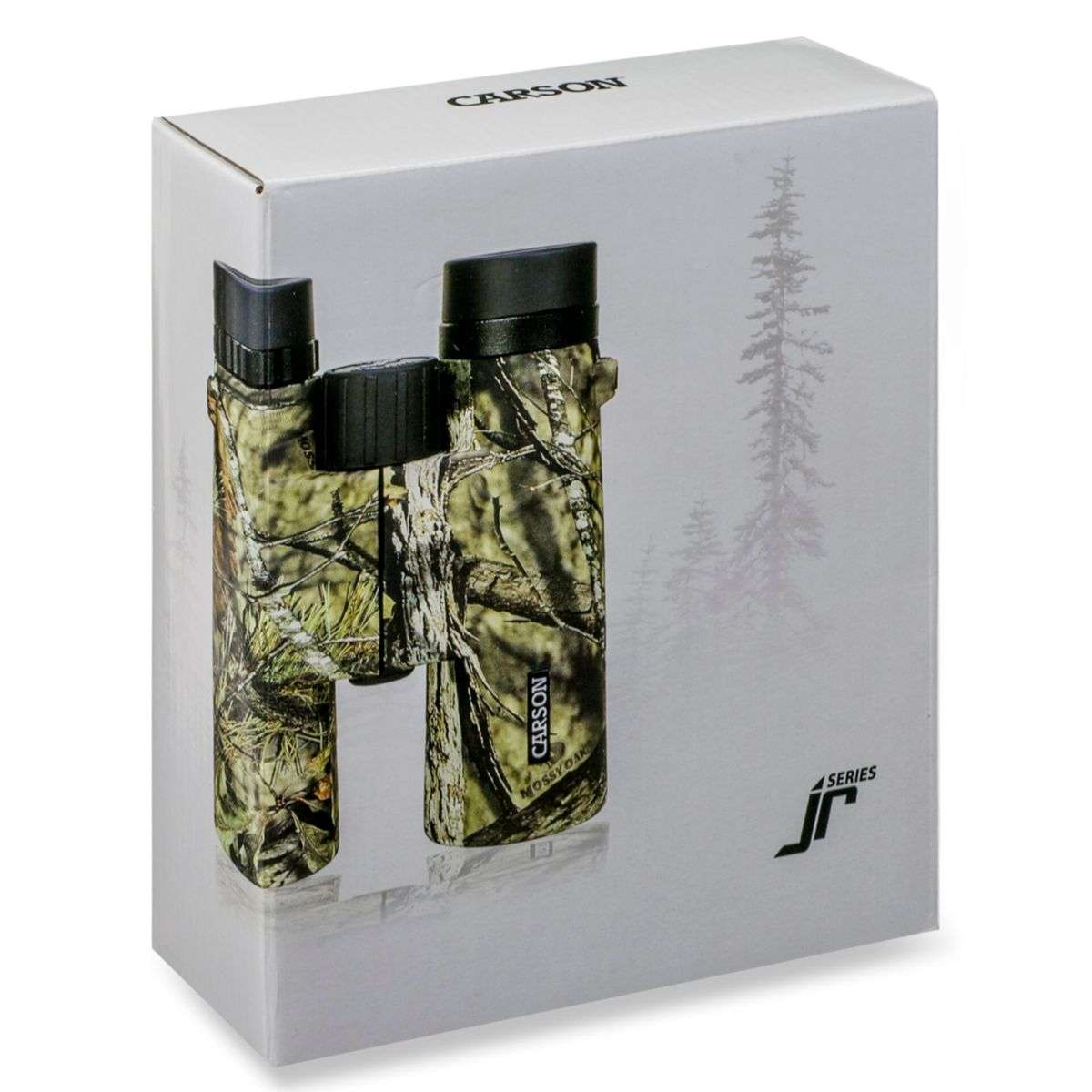 Lornetka w kamuflażowym pudełku. Pudełko mówi 'CARSON' i 'MOSSy OAK'.