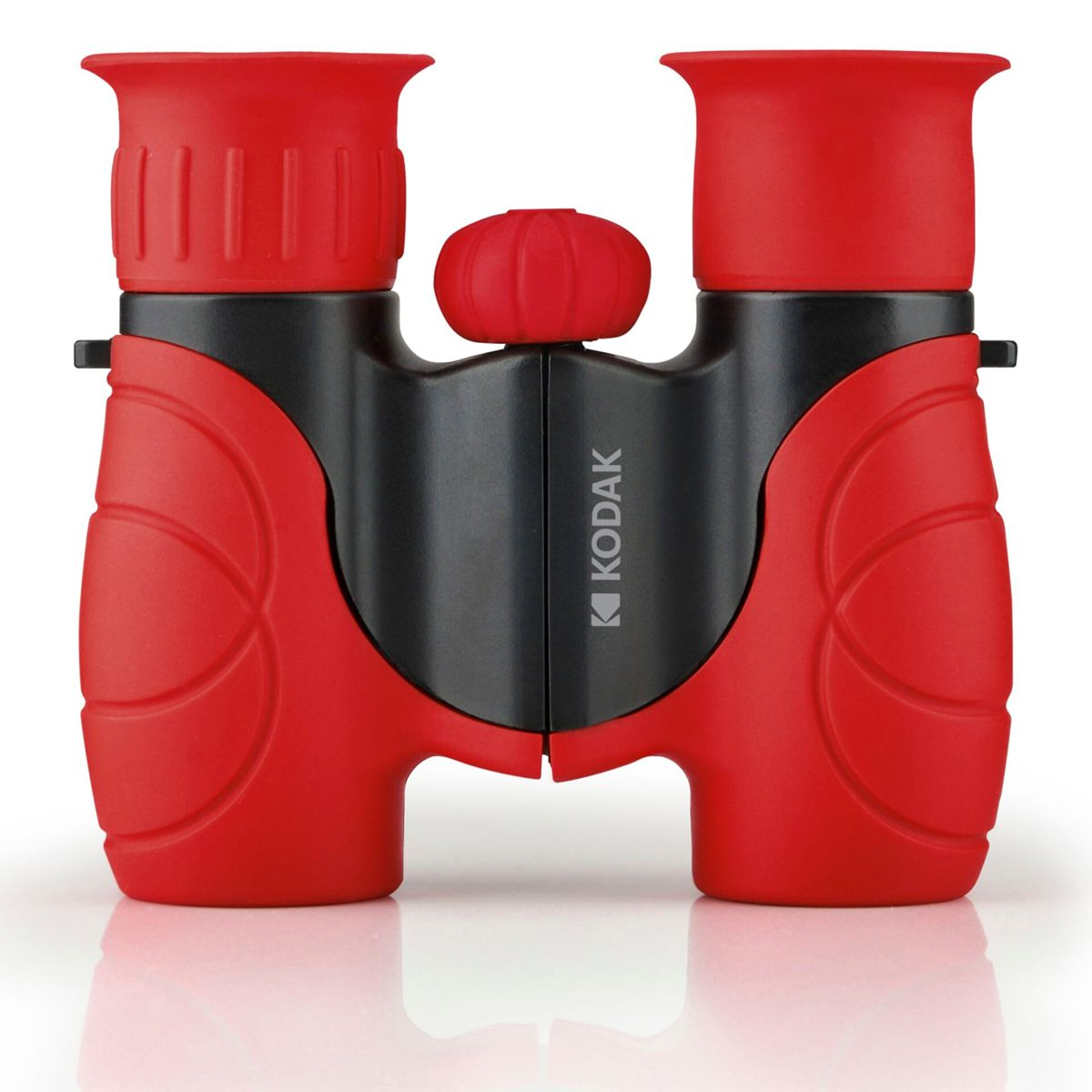 Binocolo rosso e nero. Il logo Kodak è visibile. Sfondo bianco.