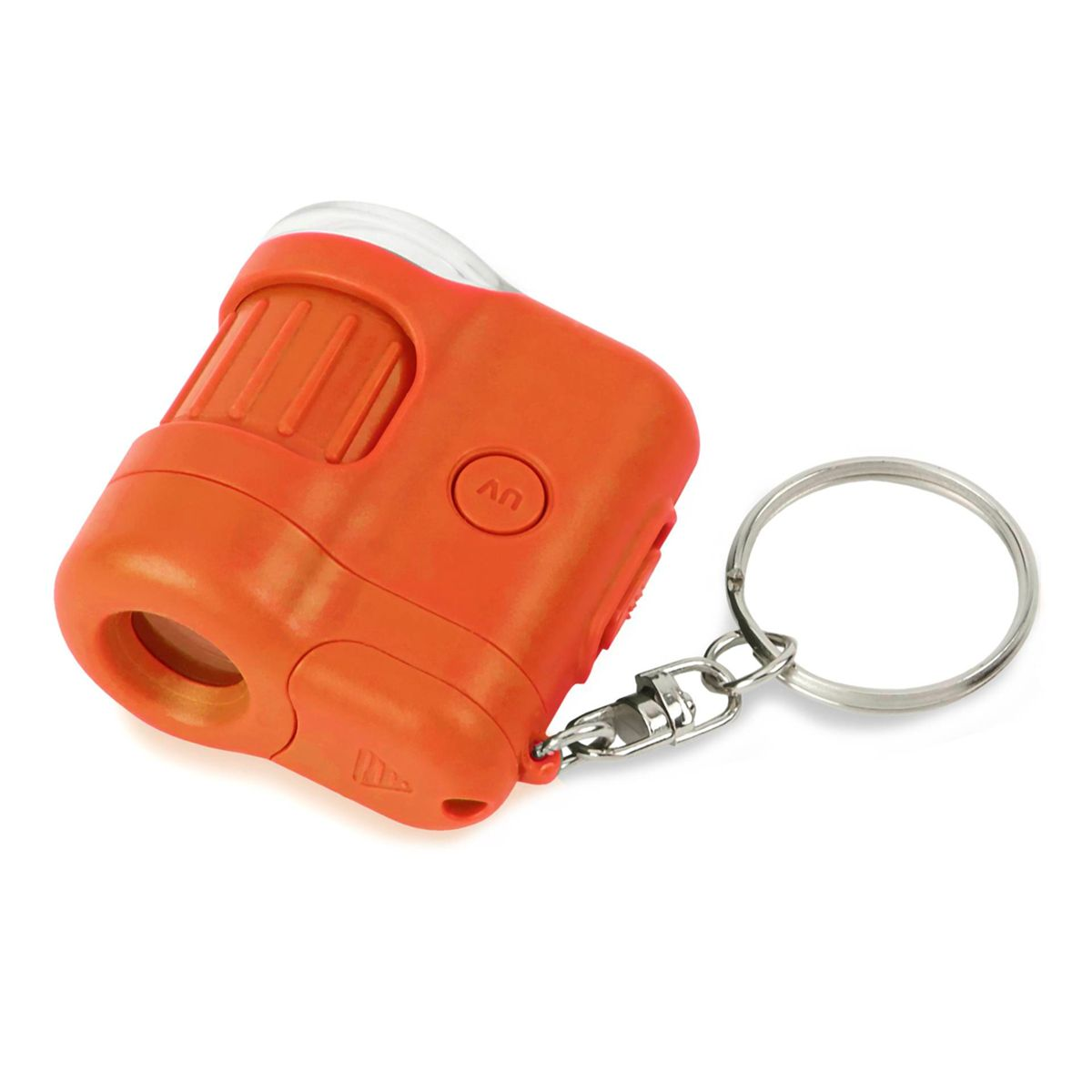 Ein orangefarbenes Taschenmikroskop mit Schlüsselring. Weißer Hintergrund.