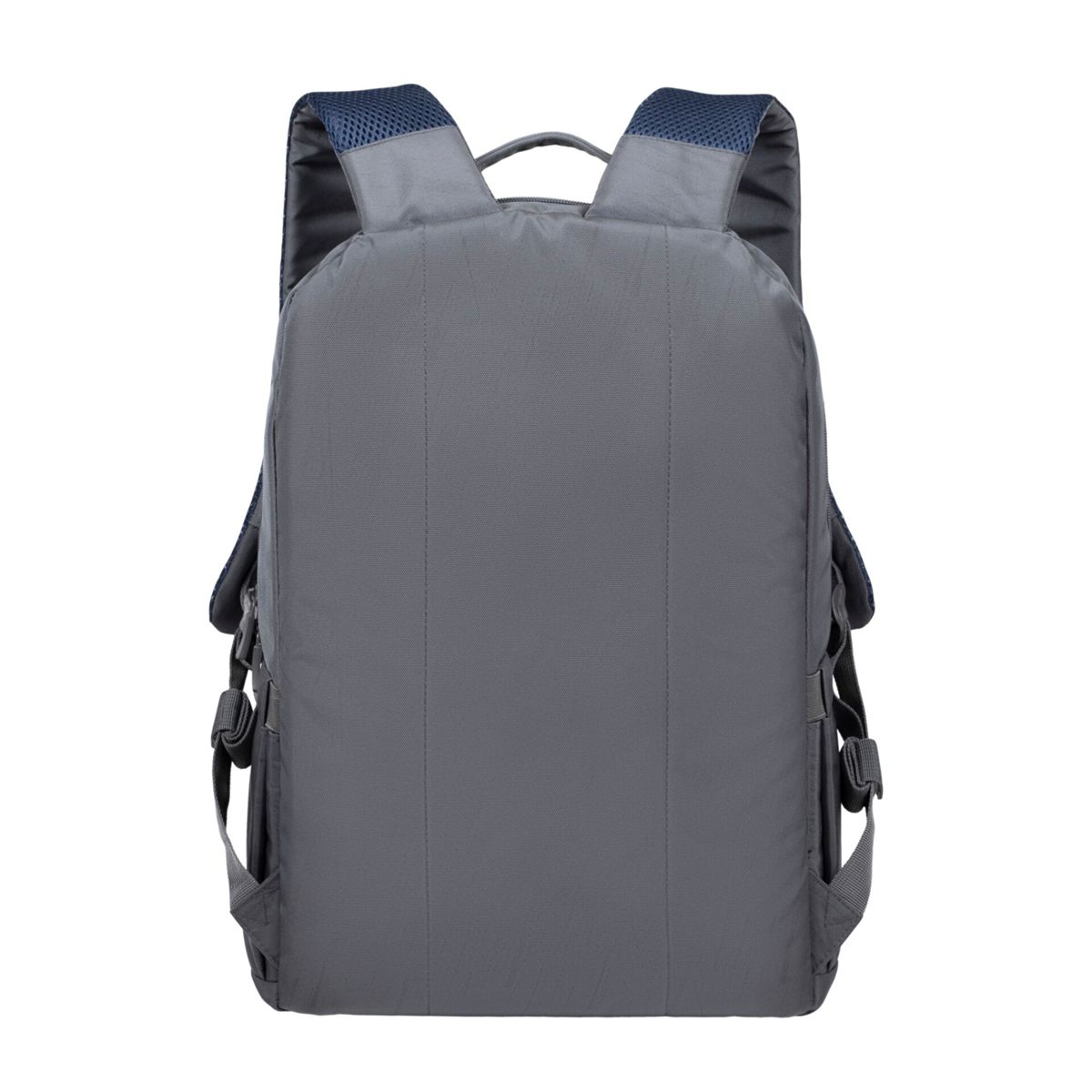 Schienale di uno zaino grigio con cinghie blu. Design semplice, in tessuto.