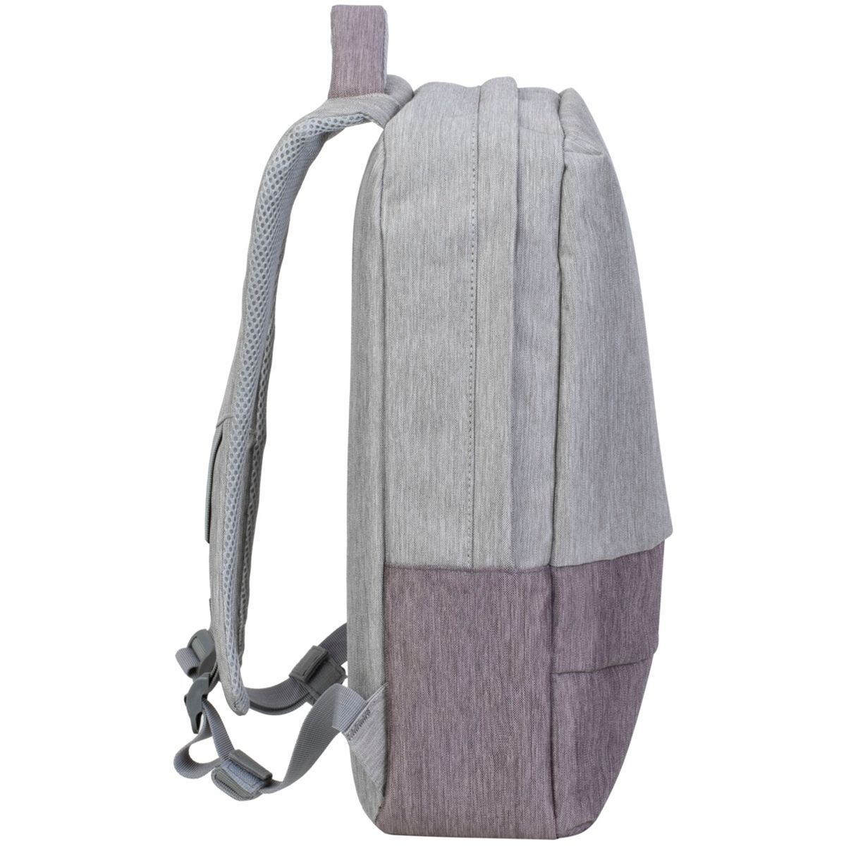 Zaino grigio chiaro e viola, vista laterale. Tracolla curva e design semplice.