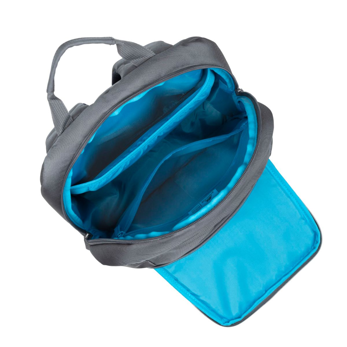 Zaino grigio con parte superiore aperta, interno blu. Multi scomparti e maniglia.